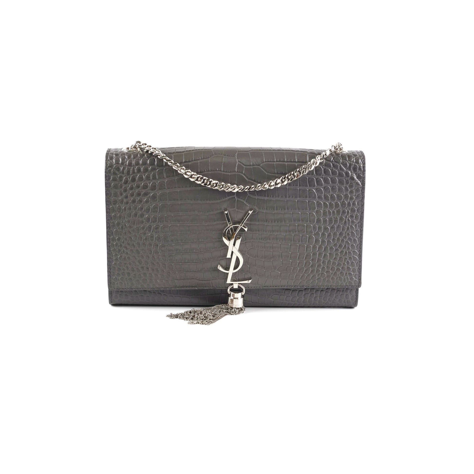 YSL Saint Laurent Kate Grey Croc Bag Gray Medium Embossed Crossbody Bag