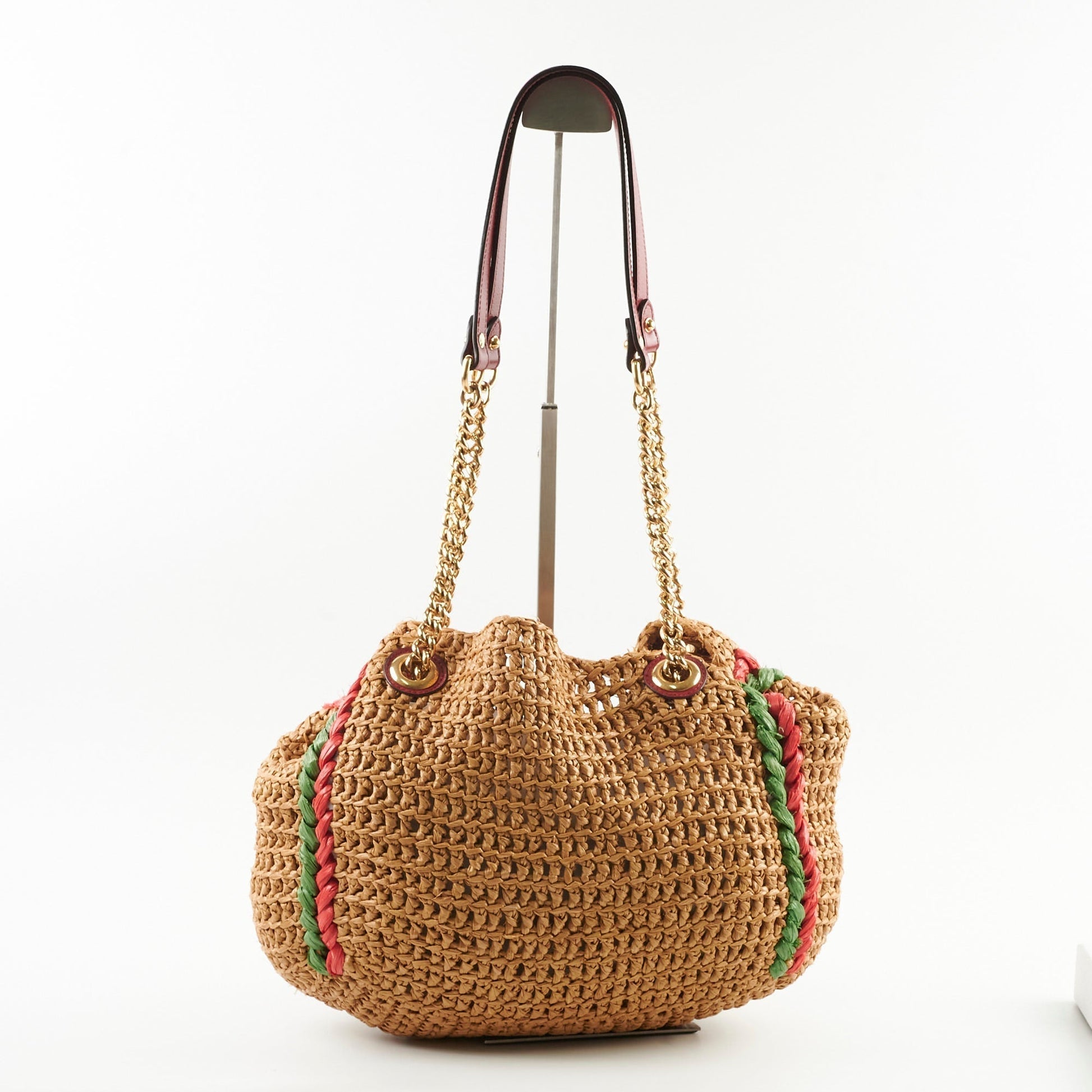 Gucci Marmont Limited Edition Chain Tote Natural Raffia Red Shoulder Bag