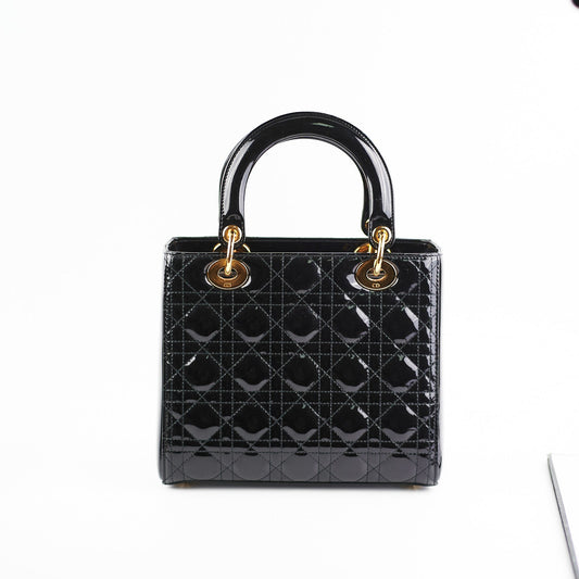 Dior Christian Lady Bag Patent Black Medium Shoulder Bag