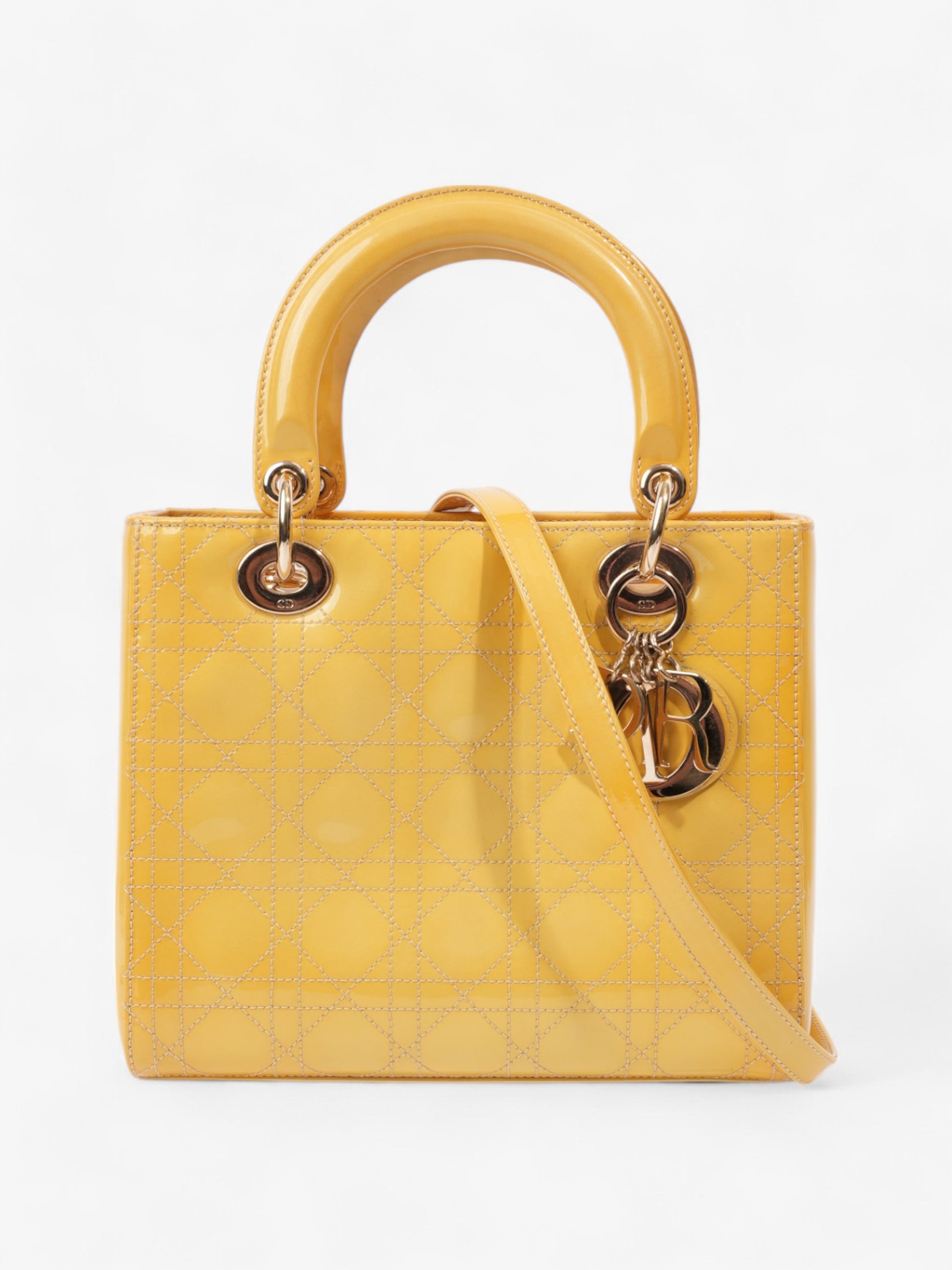 Dior Christian Lady Shoulder Bag Leather Patent Yellow