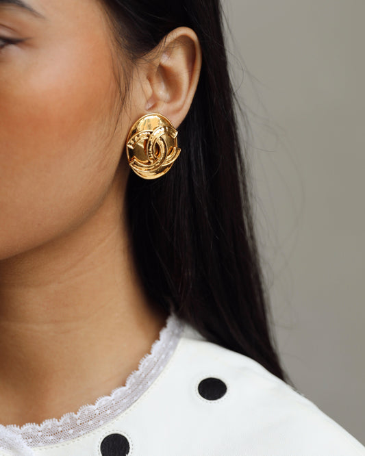 Chanel Gold Medallion Clip On Earrings with CC Logo Detail Jewelry