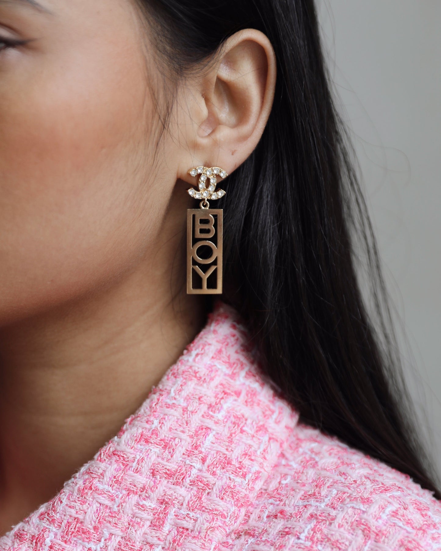 Chanel Gold Crystal CC Earrings Drop BOY Pendant