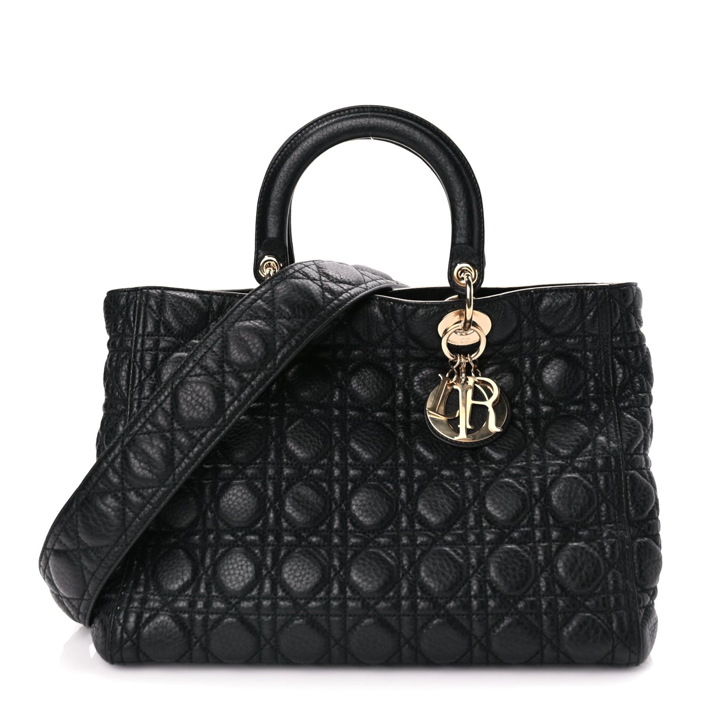 Dior Handbag Christian Grained Calfskin Cannage Supple Lady Leather Black Large Shoulder Bag