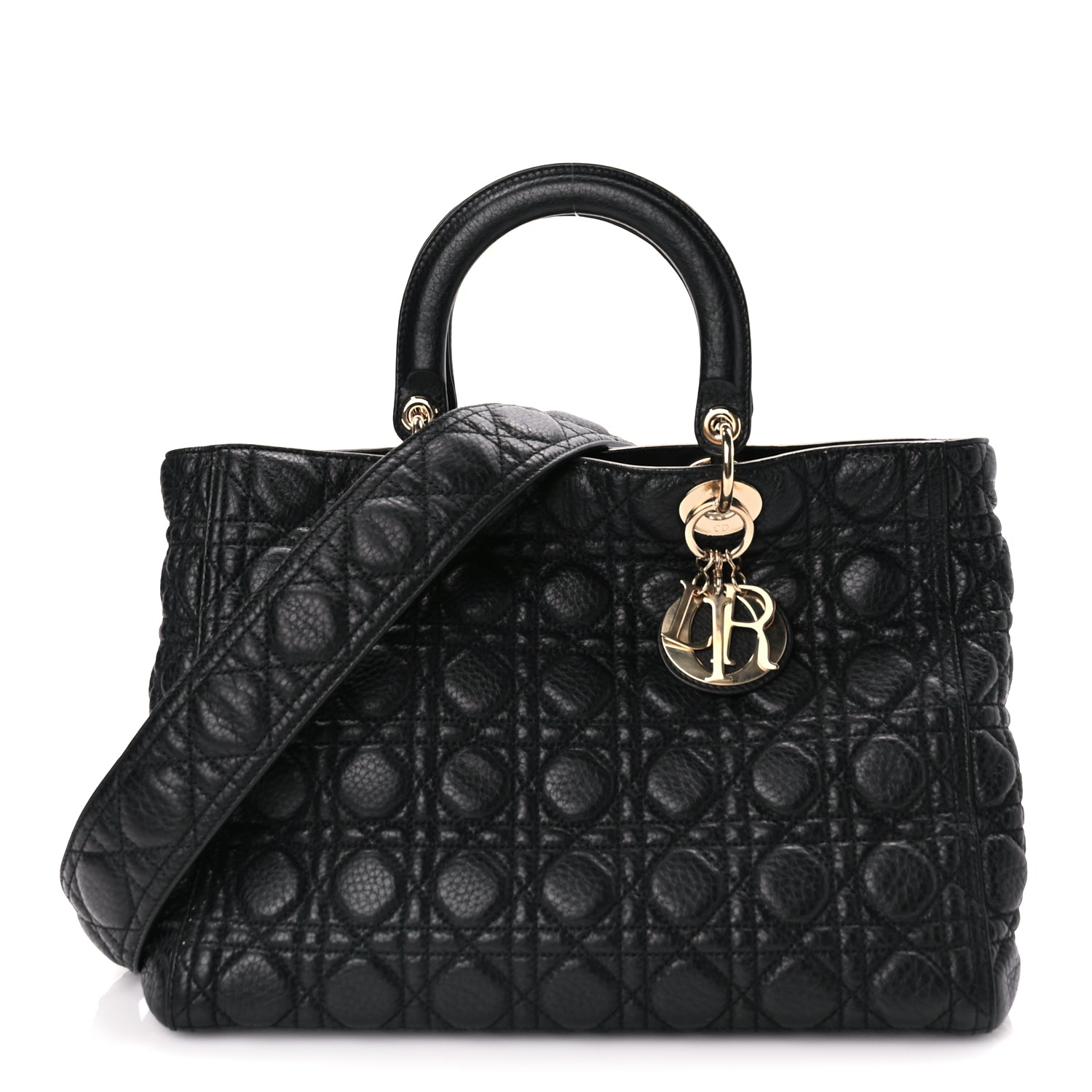 Dior Handbag Christian Grained Calfskin Cannage Supple Lady Leather Black Large Shoulder Bag