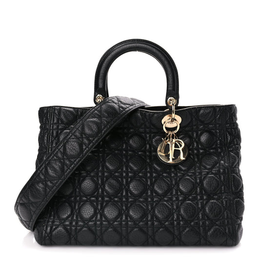 Dior Handbag Christian Grained Calfskin Cannage Supple Lady Leather Black Large Shoulder Bag