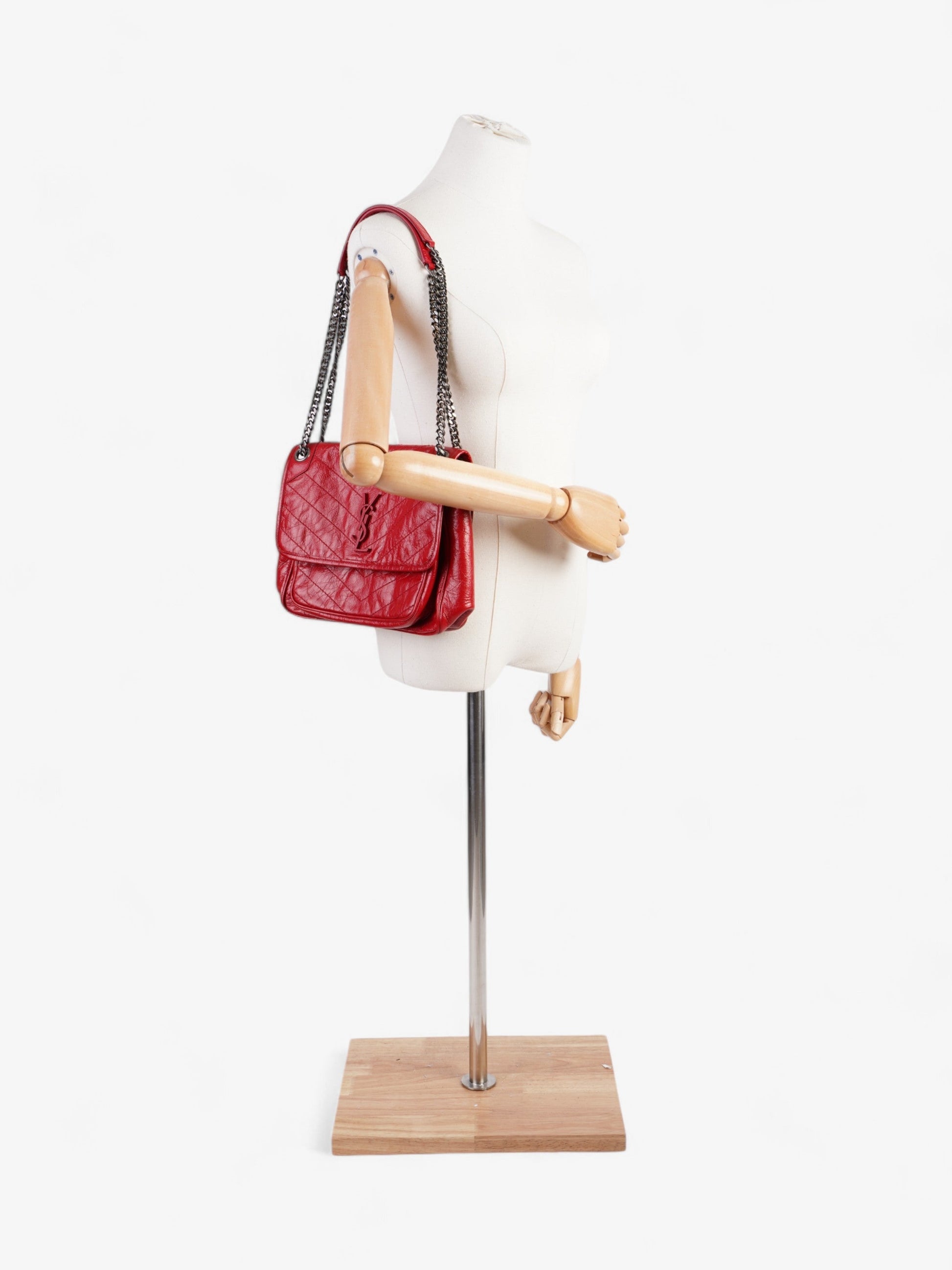 YSL Saint Laurent Niki Calfskin Shoulder Bag Leather Red Medium