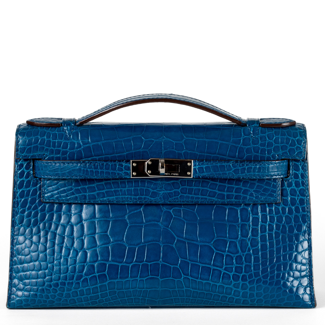 Hermes Izmir Porosus Croc Kelly Pochette W Palladium Hardware Blue Travel Bag