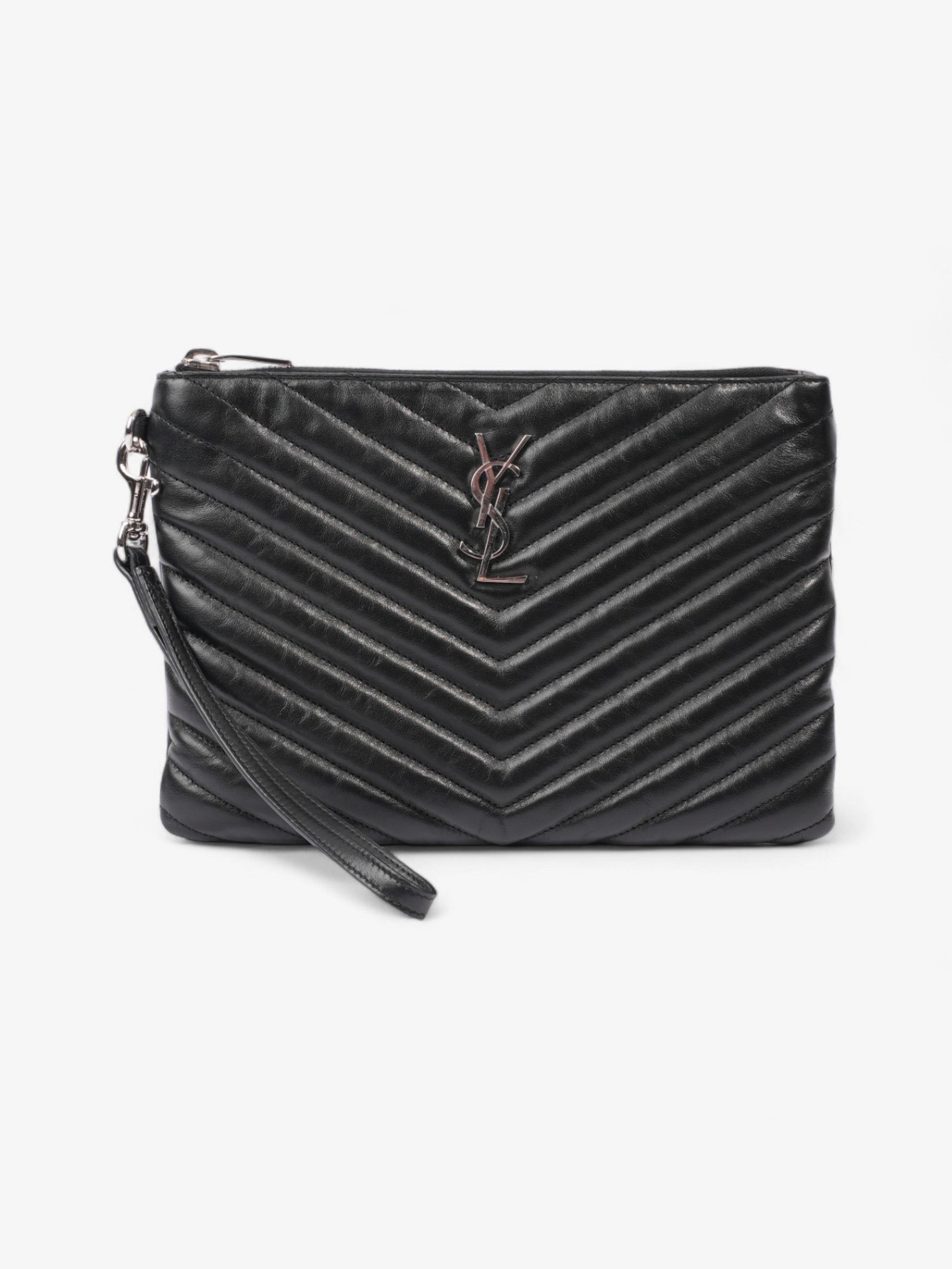 YSL Saint Laurent Cassandre Pouch Clutch Bag Leather Matelasse Black