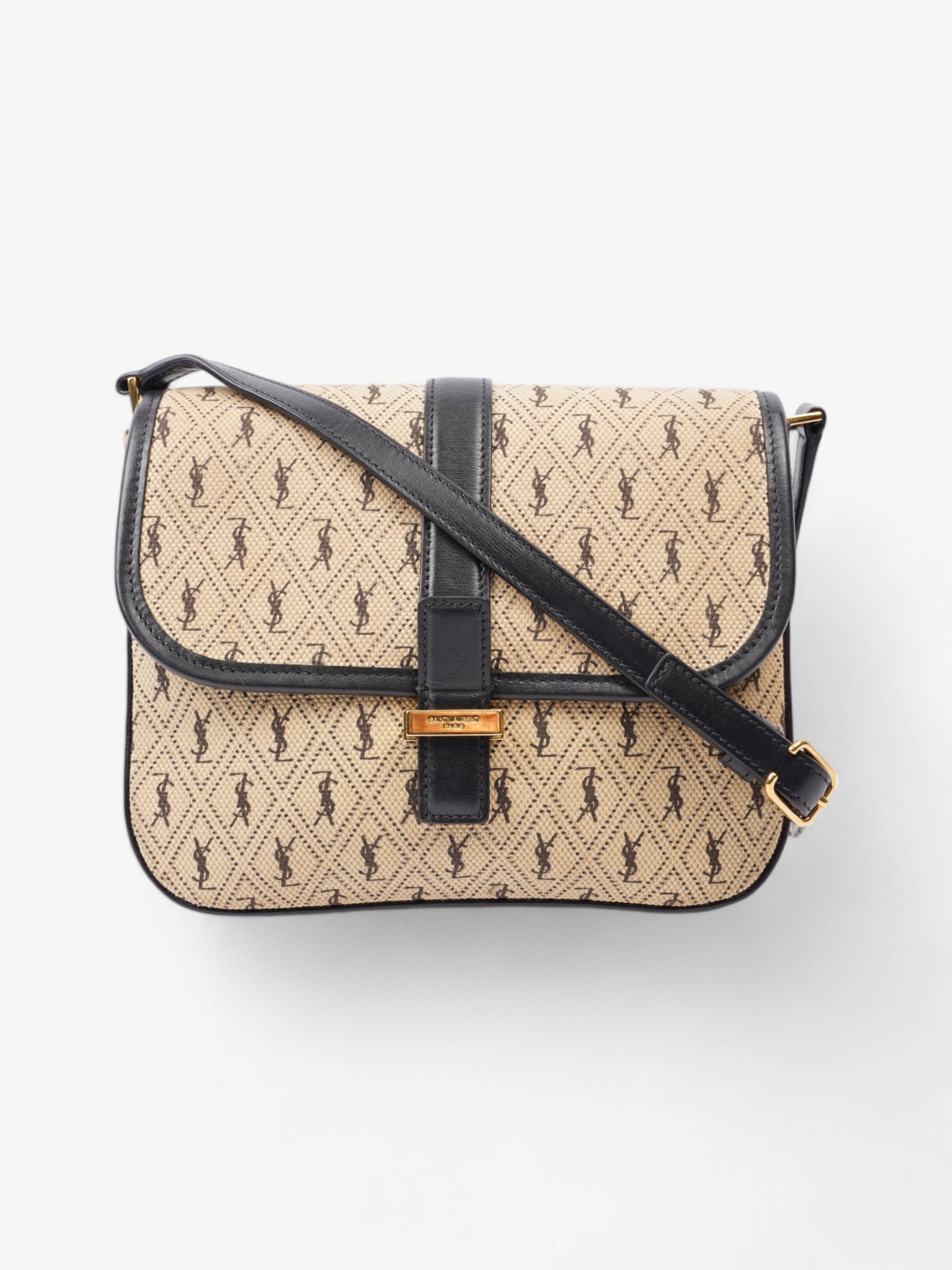 YSL Saint Laurent Monogramme Cloth Bag Fabric Black Beige Shoulder Bag