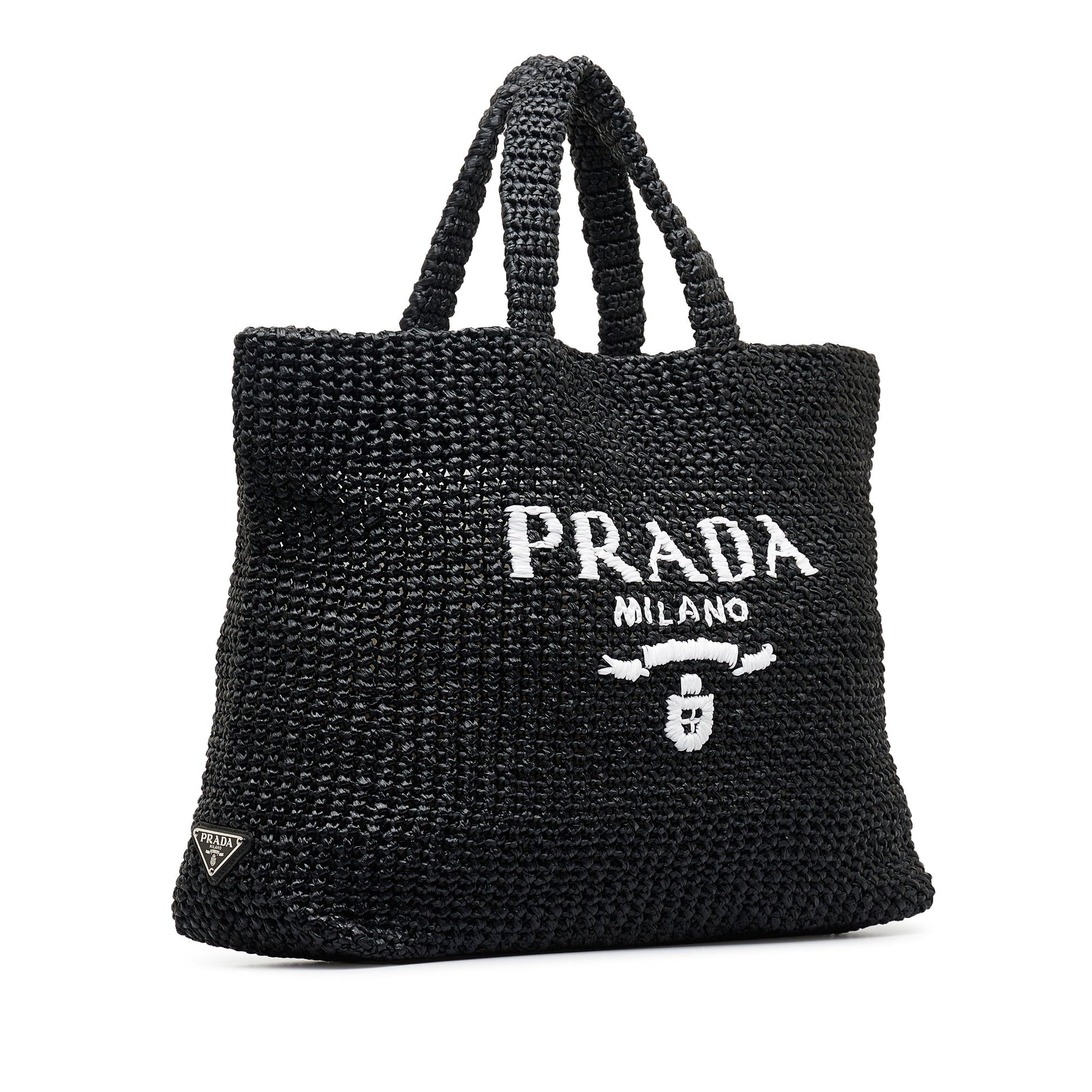 Prada Tote Raffia Black Logo Tote Bag