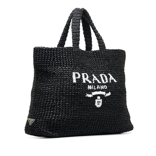 Prada Tote Raffia Black Logo Tote Bag