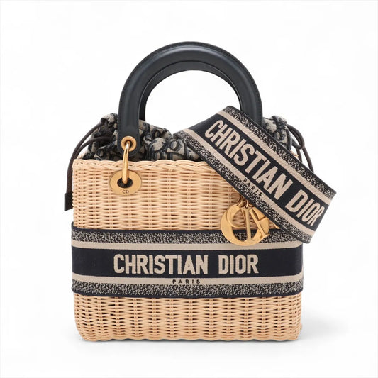 Dior Handbag Christian Natural Rattan and Oblique Jacquard Lady Blue Medium