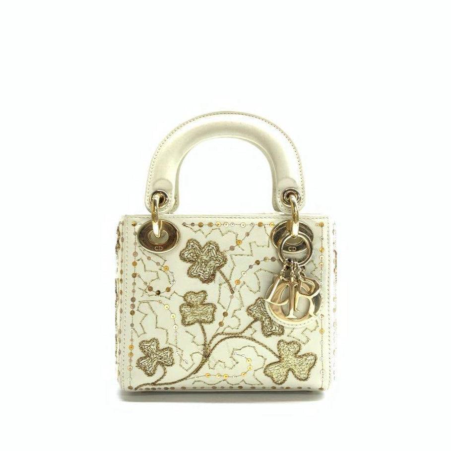 Dior Lady Mini Embroidered Calfskin Gold Beads Crossbody Leather White Crossbody Bag