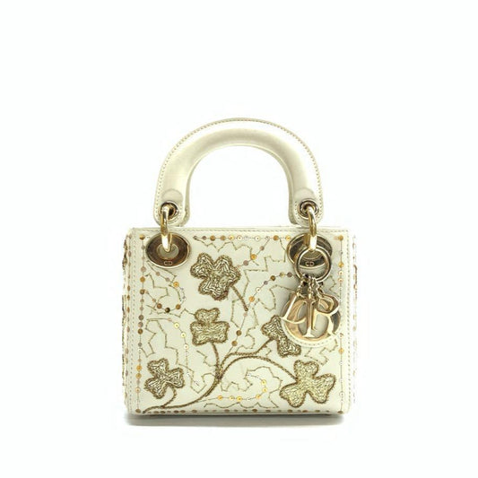 Dior Lady Mini Embroidered Calfskin Gold Beads Crossbody Leather White Crossbody Bag