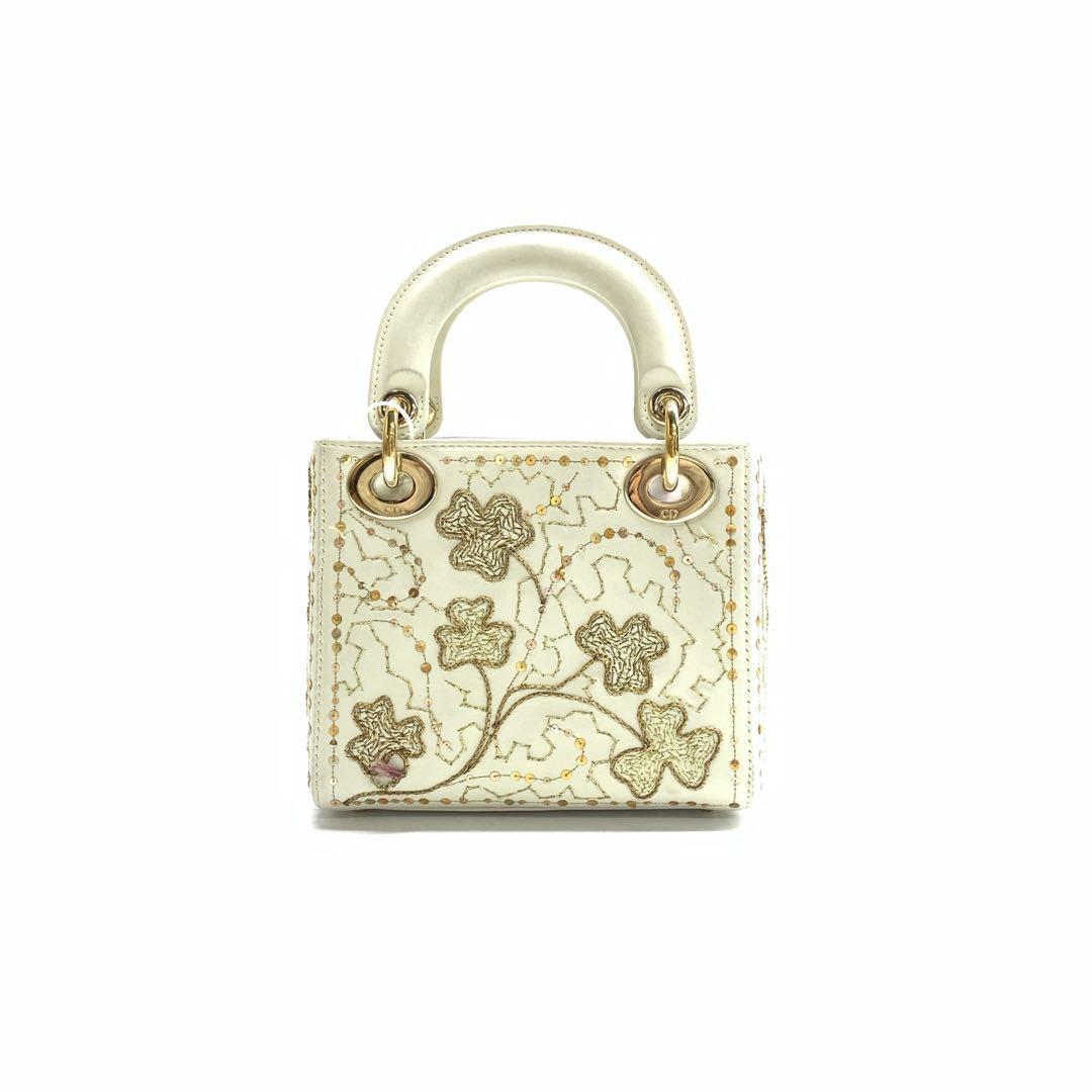 Dior Lady Mini Embroidered Calfskin Gold Beads Crossbody Leather White Crossbody Bag