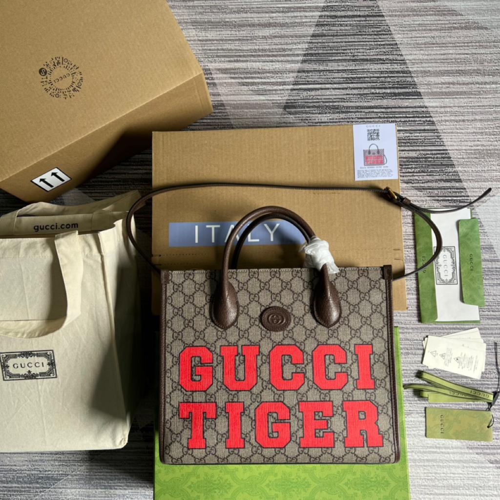 gg Tiger gg Ebony gg Canvas Brown Beige Medium Tote Bag