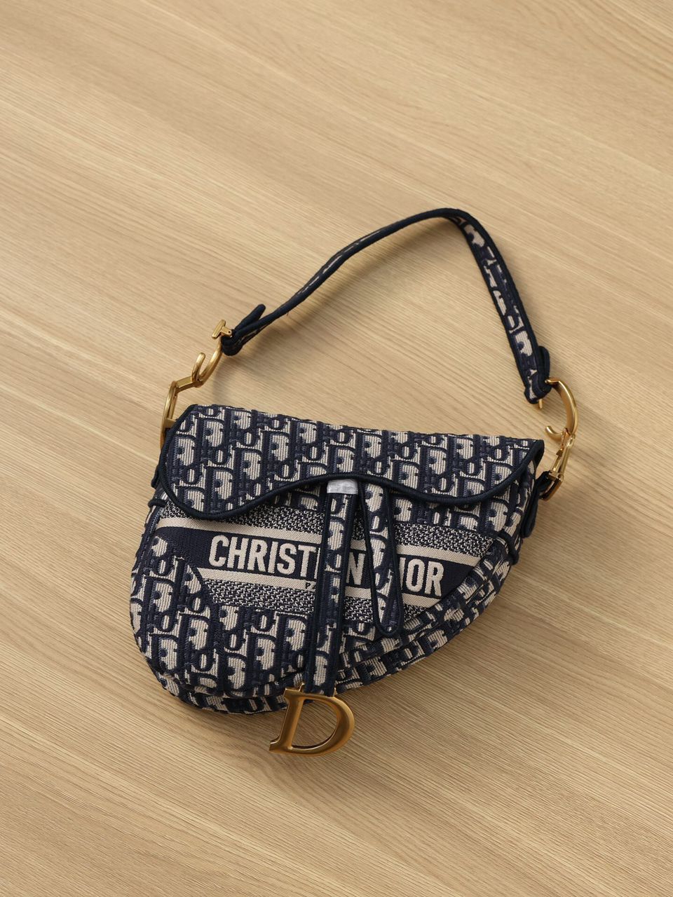 Logo Saddle Oblique Embroidered Cd Canvas Beige Blue Travel Bag