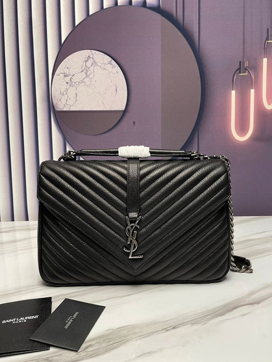 YSL Saint Laurent College Toned Hardware 12in 32cm Black Silver Large Chain Handbag