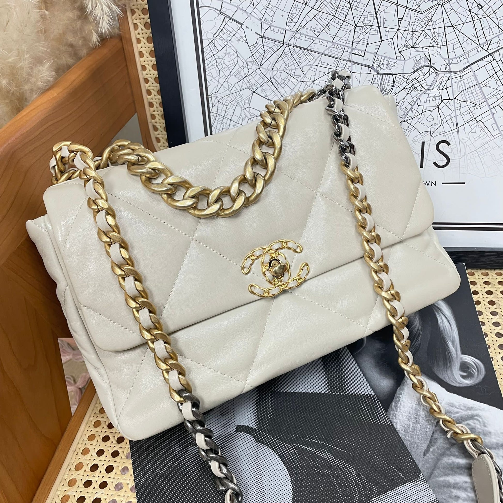 Chanel 19 Large Lambskin Light GHW Handbag Leather Beige Shoulder Bag