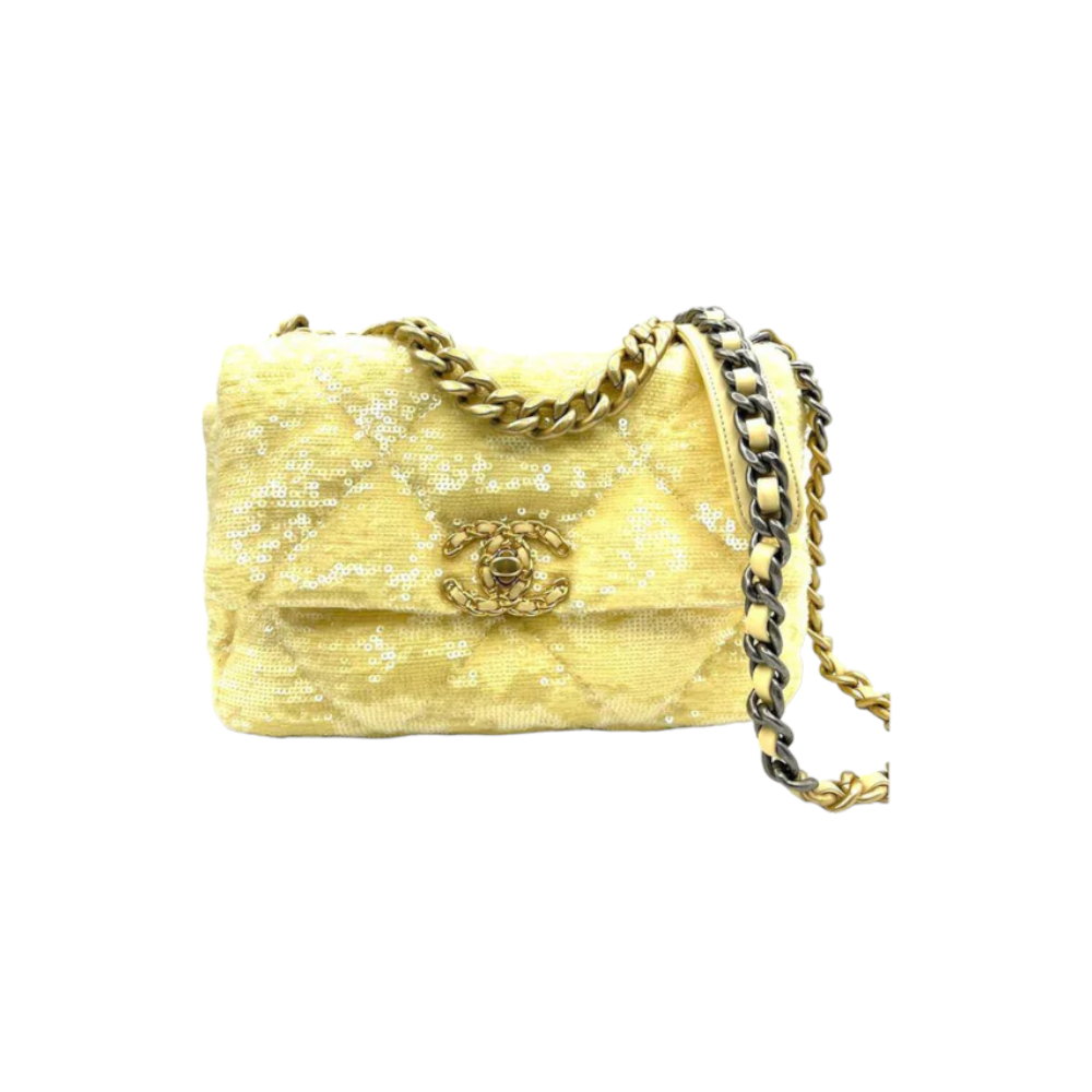 Chanel Sequin 19 Flap Yellow MHW Handbag Leather Quilted Shoulder Bag