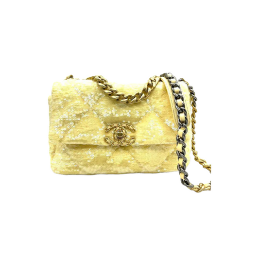 Chanel Sequin 19 Flap Yellow MHW Handbag Leather Quilted Shoulder Bag