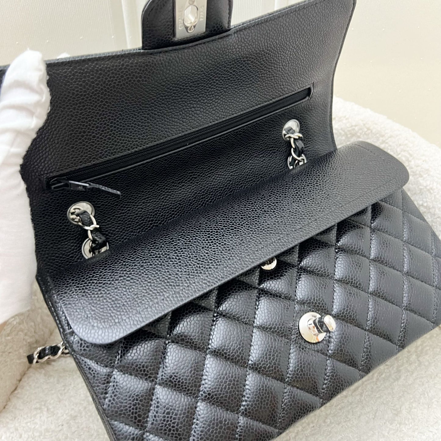 Medium Classic Flap CF in Black Caviar and SHW (Model: ) Accessory Signature