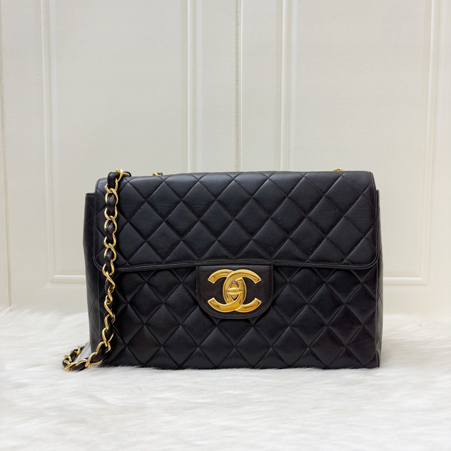 Chanel Jumbo / Maxi Flap with XL CC Logo in Black Lambskin and Gold-Plated HW Accessory