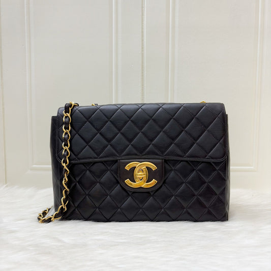 Chanel Jumbo / Maxi Flap with XL CC Logo in Black Lambskin and Gold-Plated HW Accessory