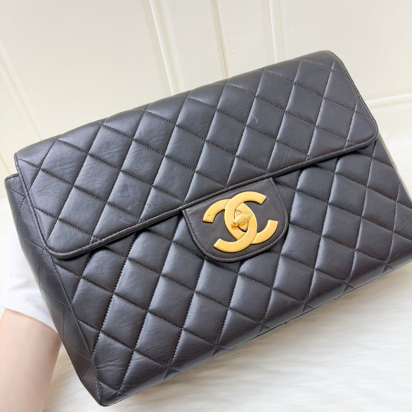 Chanel Jumbo / Maxi Flap with XL CC Logo in Black Lambskin and Gold-Plated HW Accessory