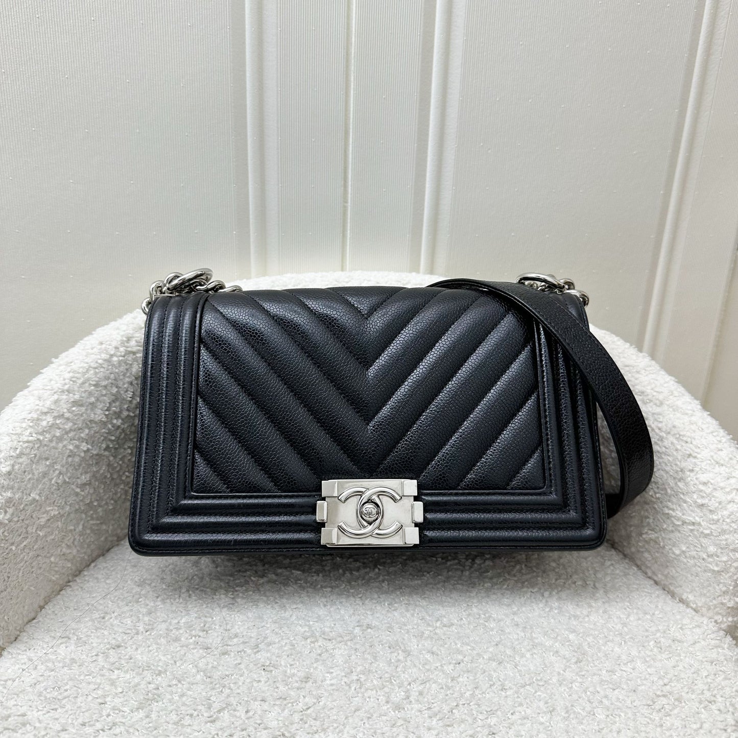 Chanel Medium Boy Flap in Chevron Quilted Black Caviar and SHW Accessory