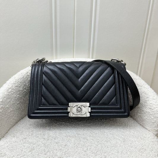Chanel Medium Boy Flap in Chevron Quilted Black Caviar and SHW Accessory