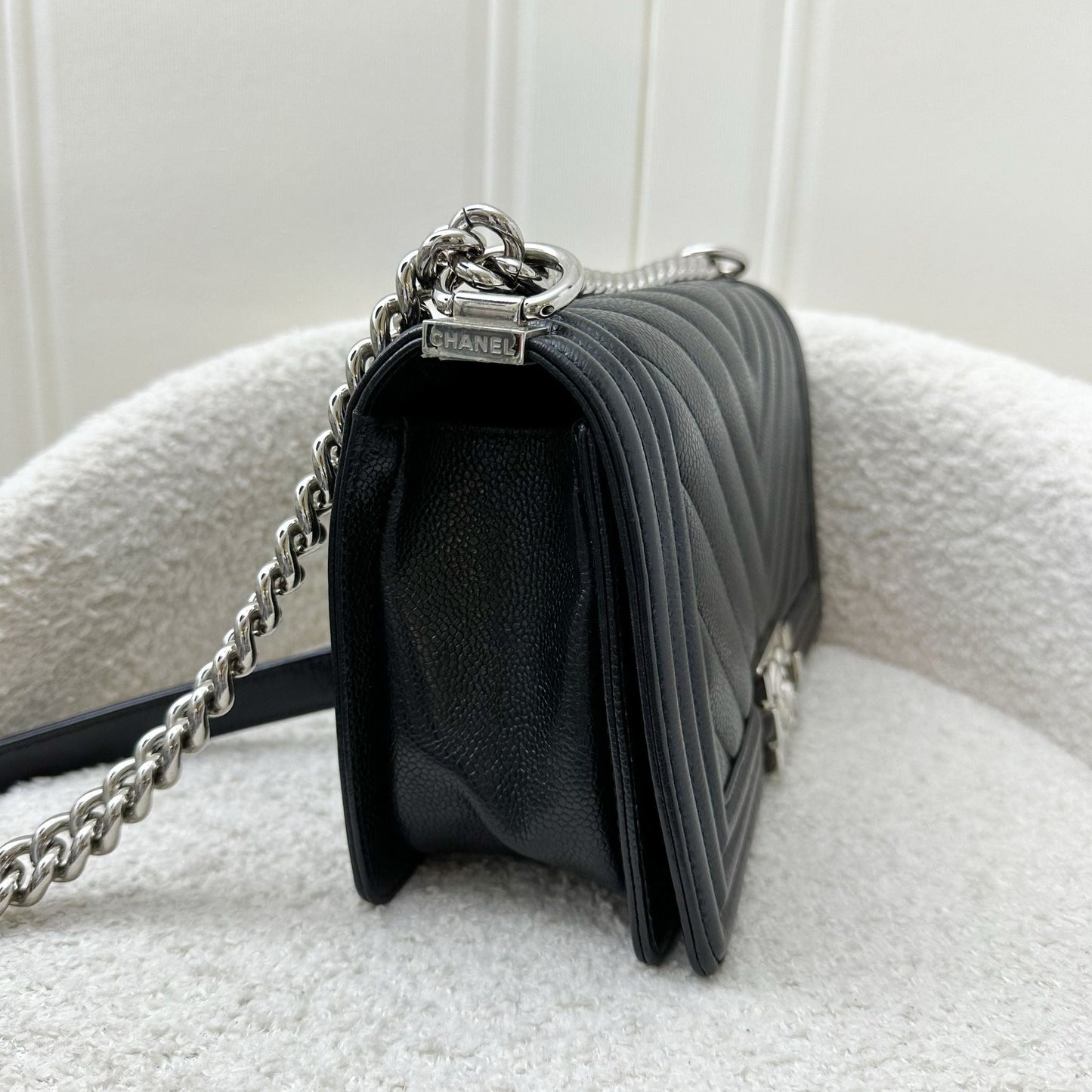 Chanel Medium Boy Flap in Chevron Quilted Black Caviar and SHW Accessory