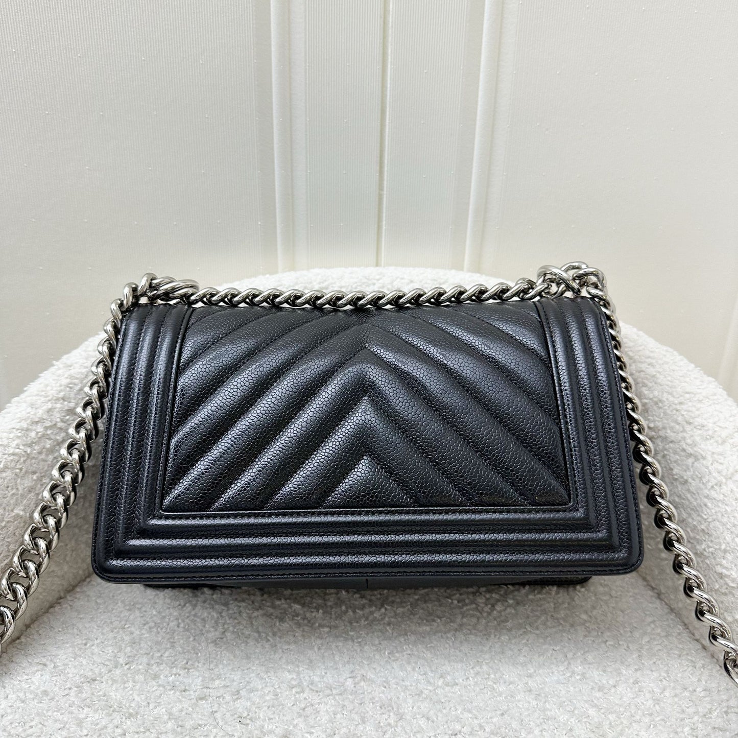 Chanel Medium Boy Flap in Chevron Quilted Black Caviar and SHW Accessory