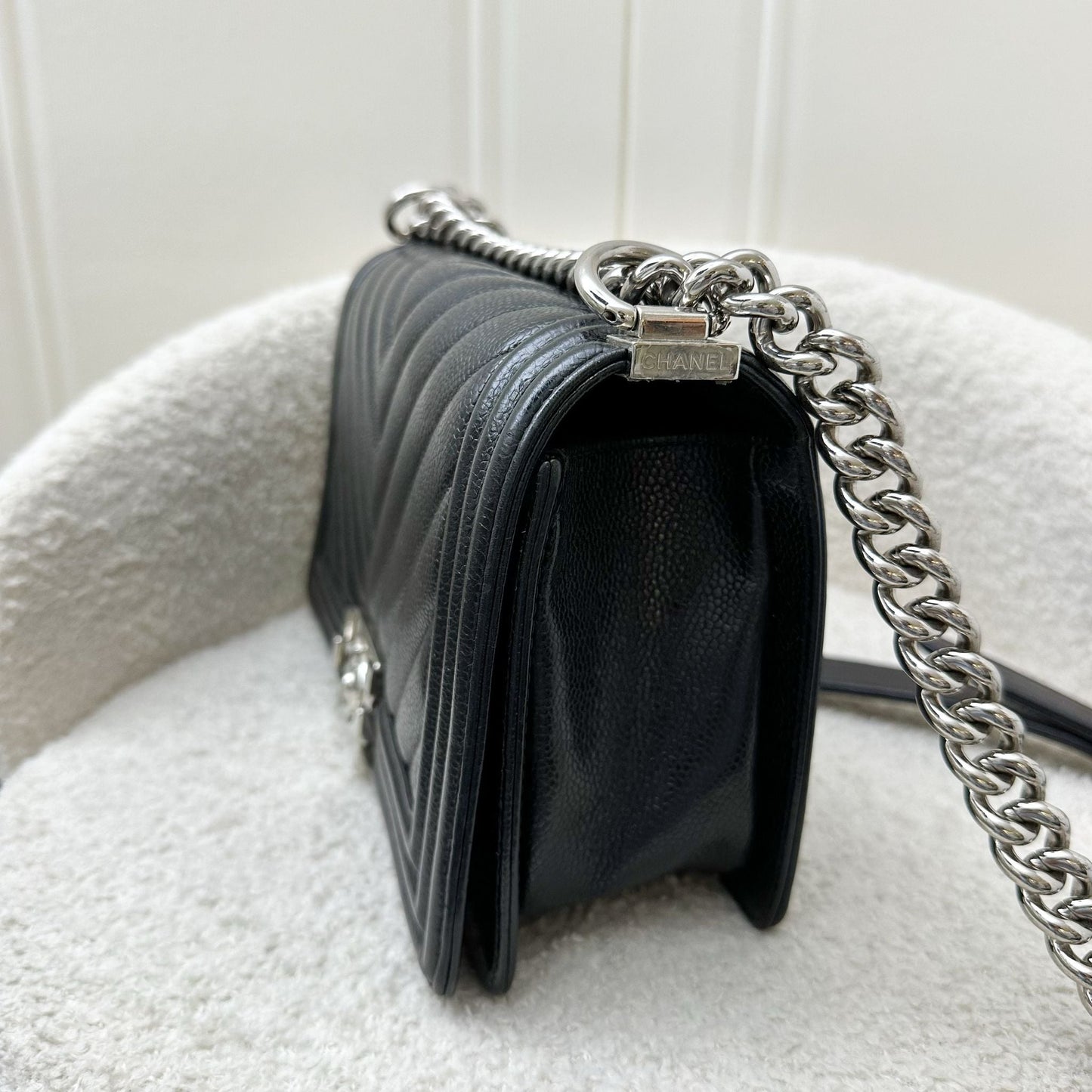 Chanel Medium Boy Flap in Chevron Quilted Black Caviar and SHW Accessory