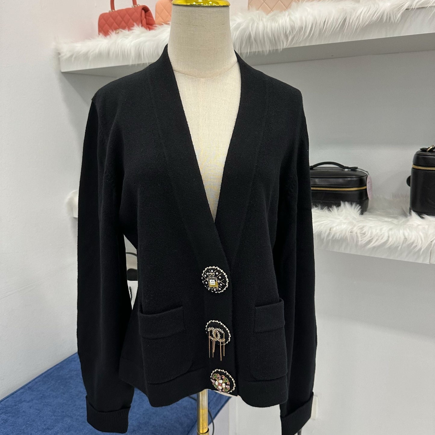 Chanel Runway Cardigan in Black Cashmere with Embellished Buttons Sz 44 Apparel