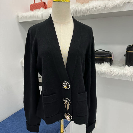 Chanel Runway Cardigan in Black Cashmere with Embellished Buttons Sz 44 Apparel