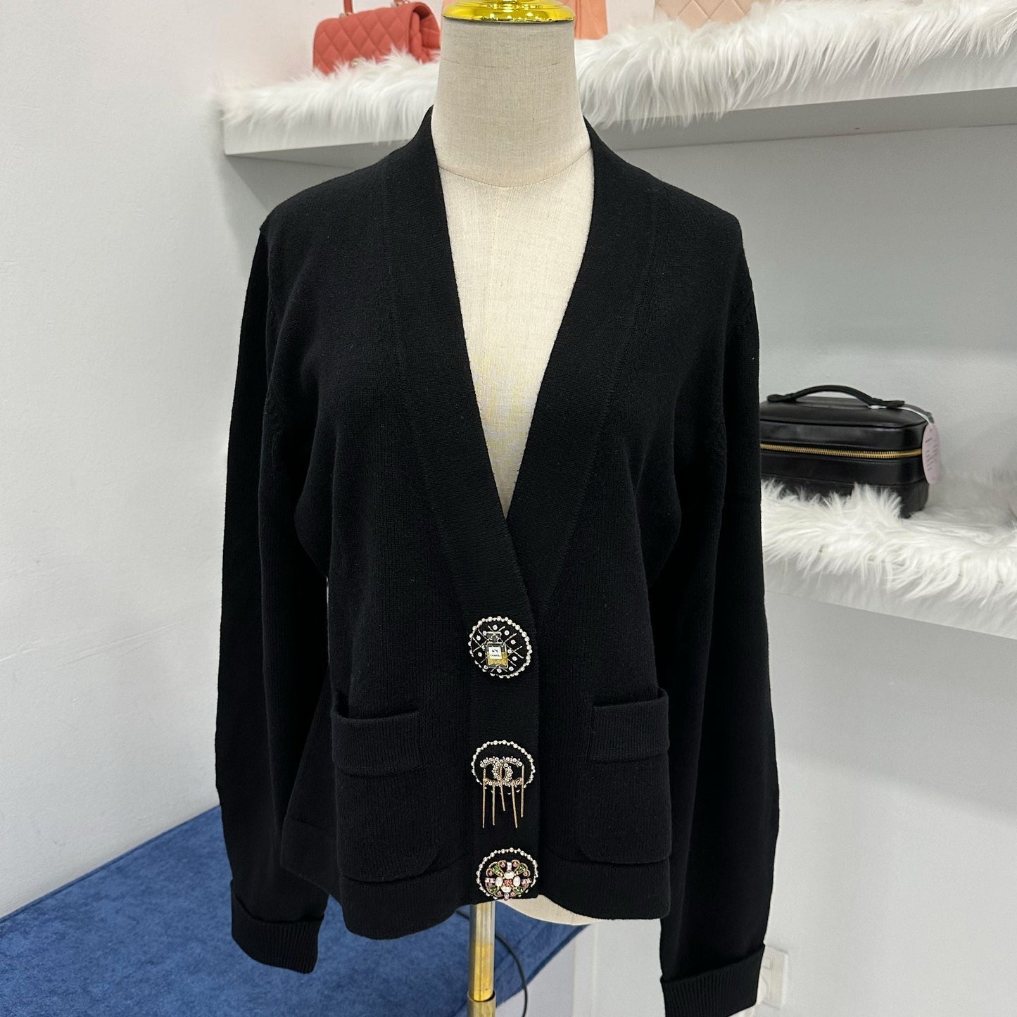 Chanel Runway Cardigan in Black Cashmere with Embellished Buttons Sz 44 Apparel