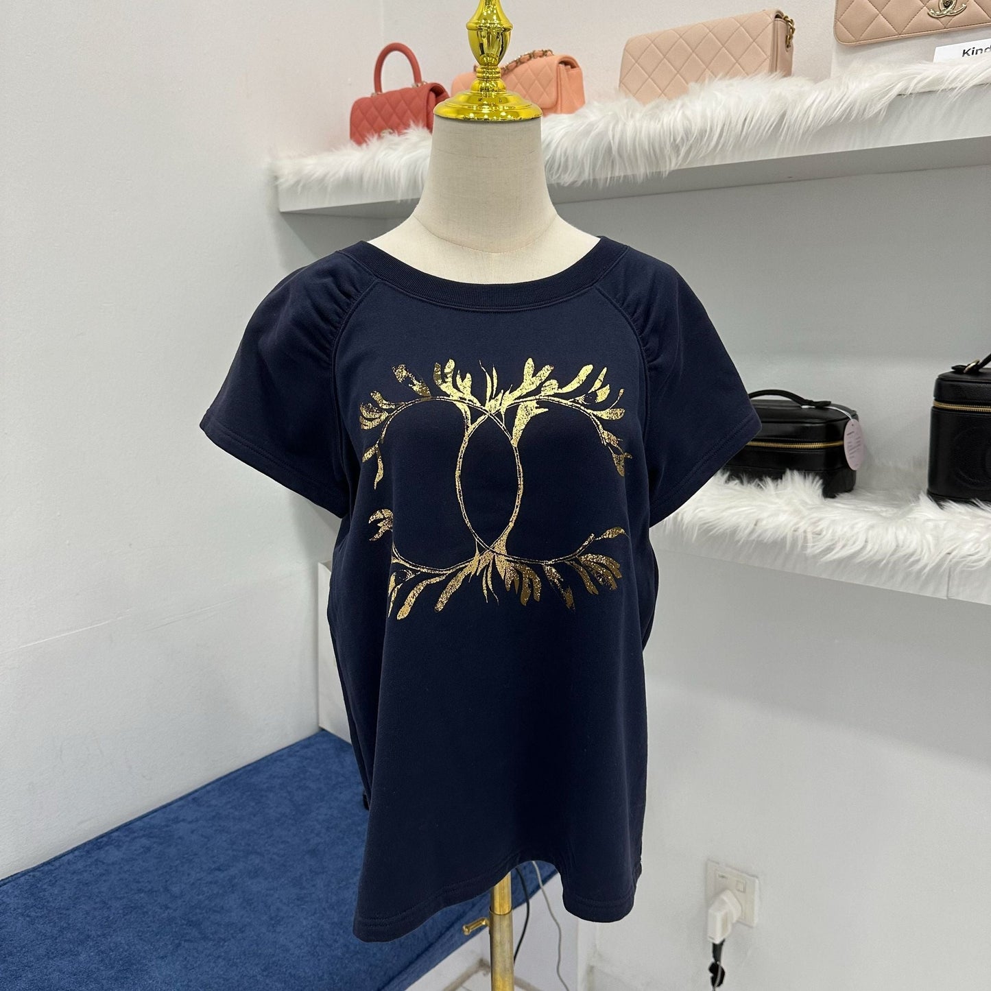 Chanel Gold Logo Knit Top in Navy Cotton Sz M