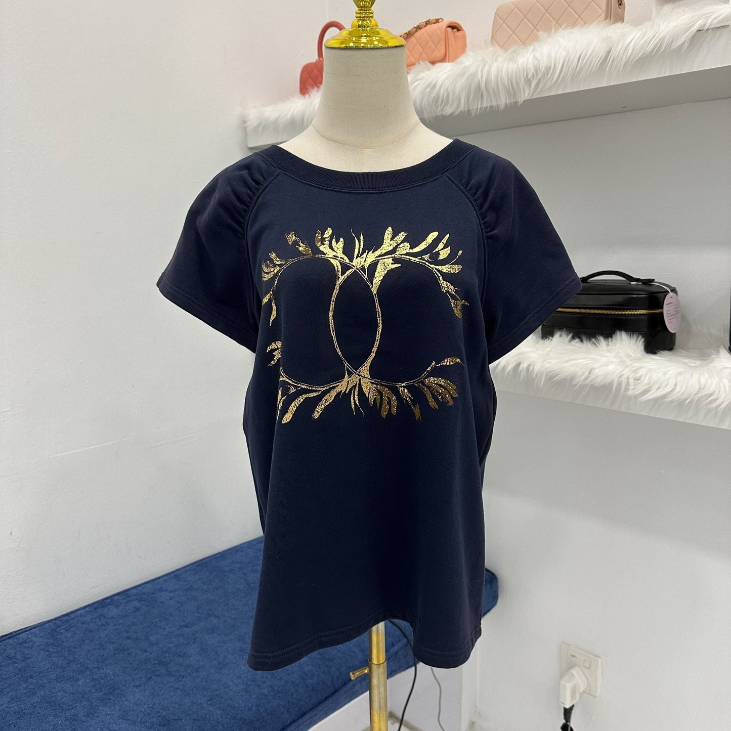 Chanel Gold Logo Knit Top in Navy Cotton Sz M