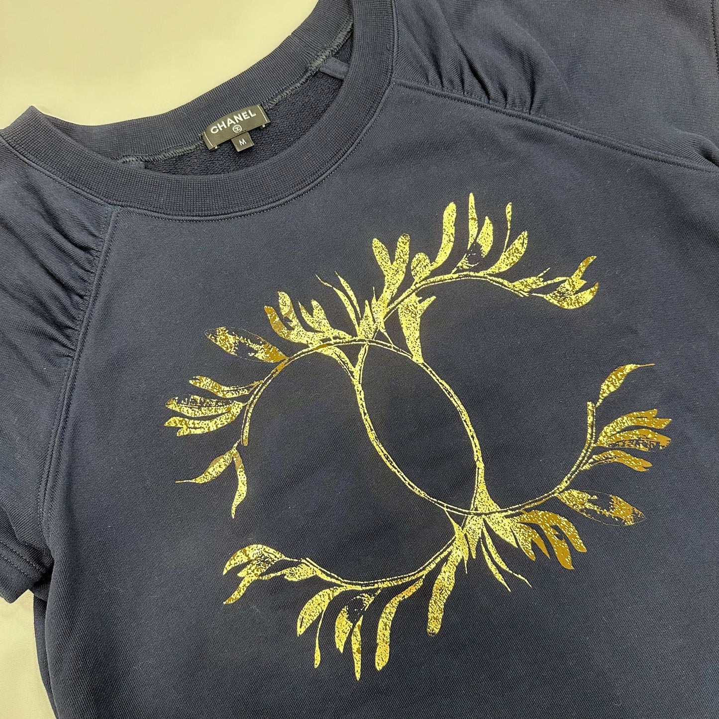 Chanel Gold Logo Knit Top in Navy Cotton Sz M