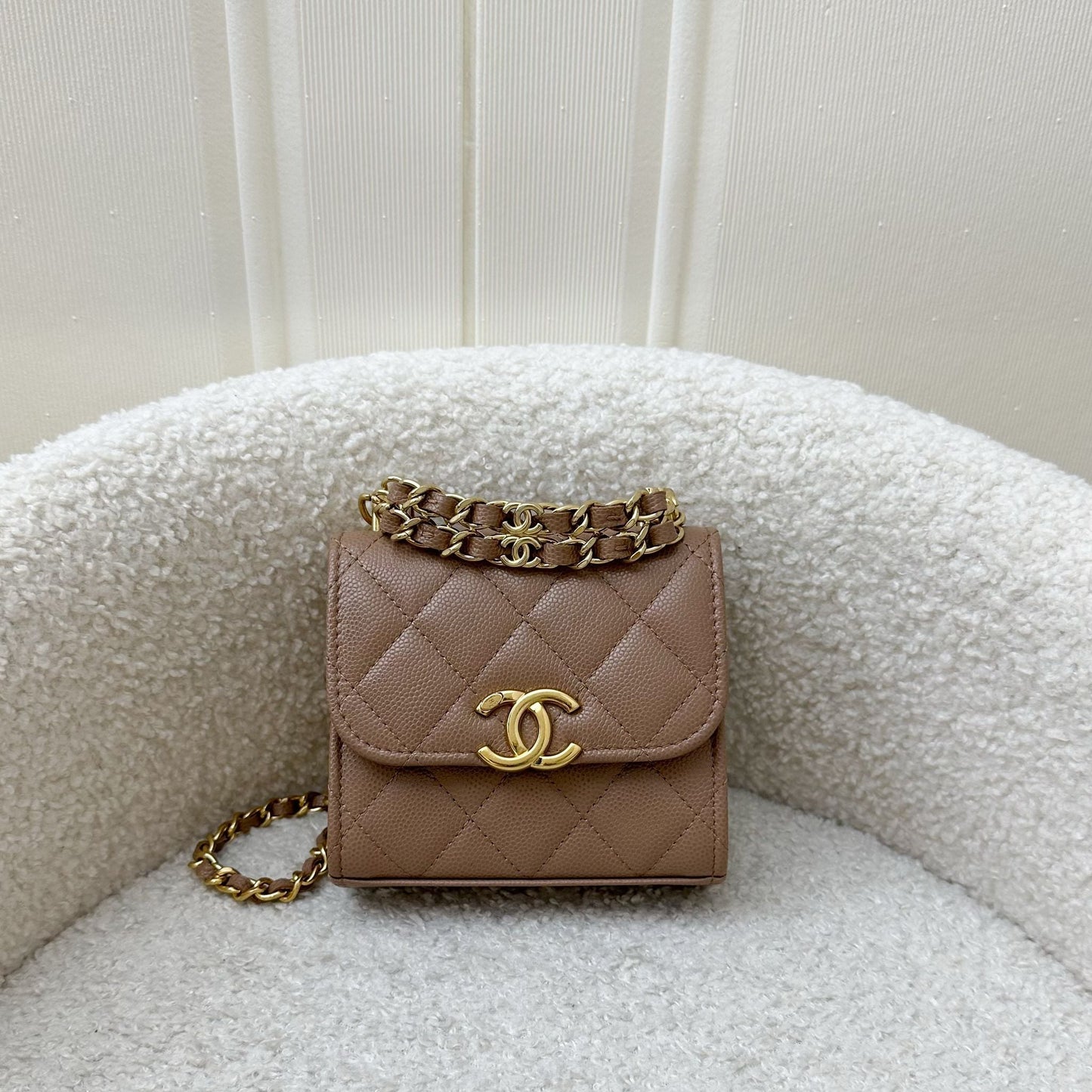 Chanel Coco First Mini Clutch with Chain in Dark Milk Tea Beige Caviar LGHW