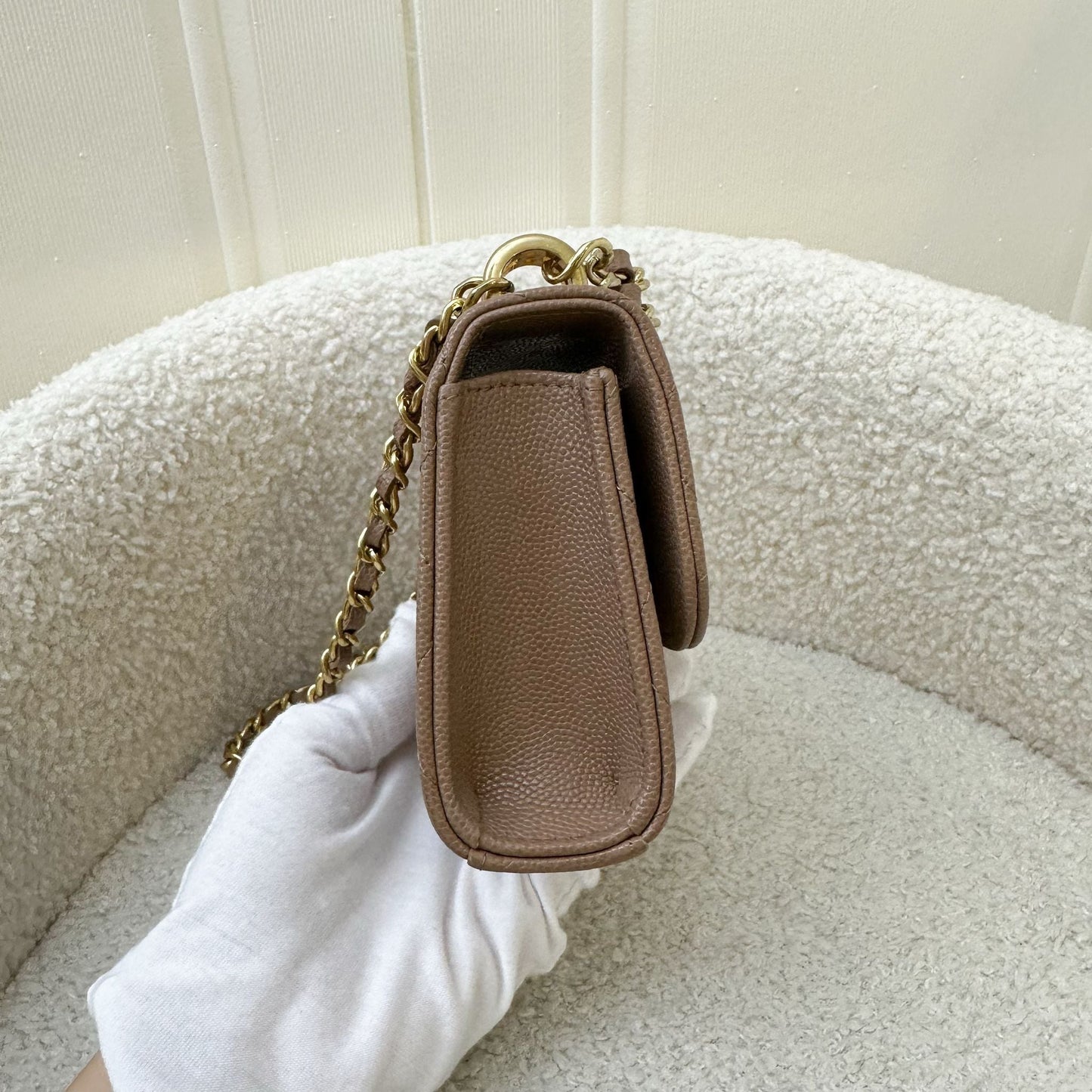 Chanel Coco First Mini Clutch with Chain in Dark Milk Tea Beige Caviar LGHW