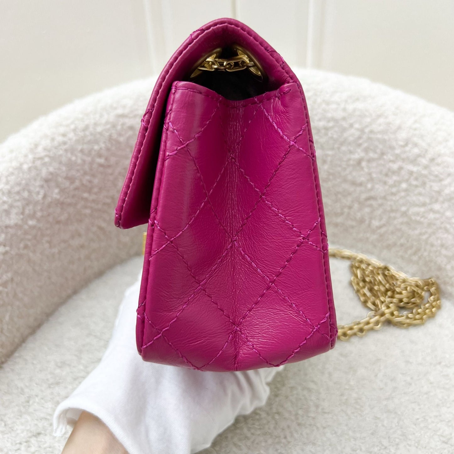Chanel Classic 2.55 Reissue Mini Flap in Pink Distressed Calfskin and AGHW Accessory