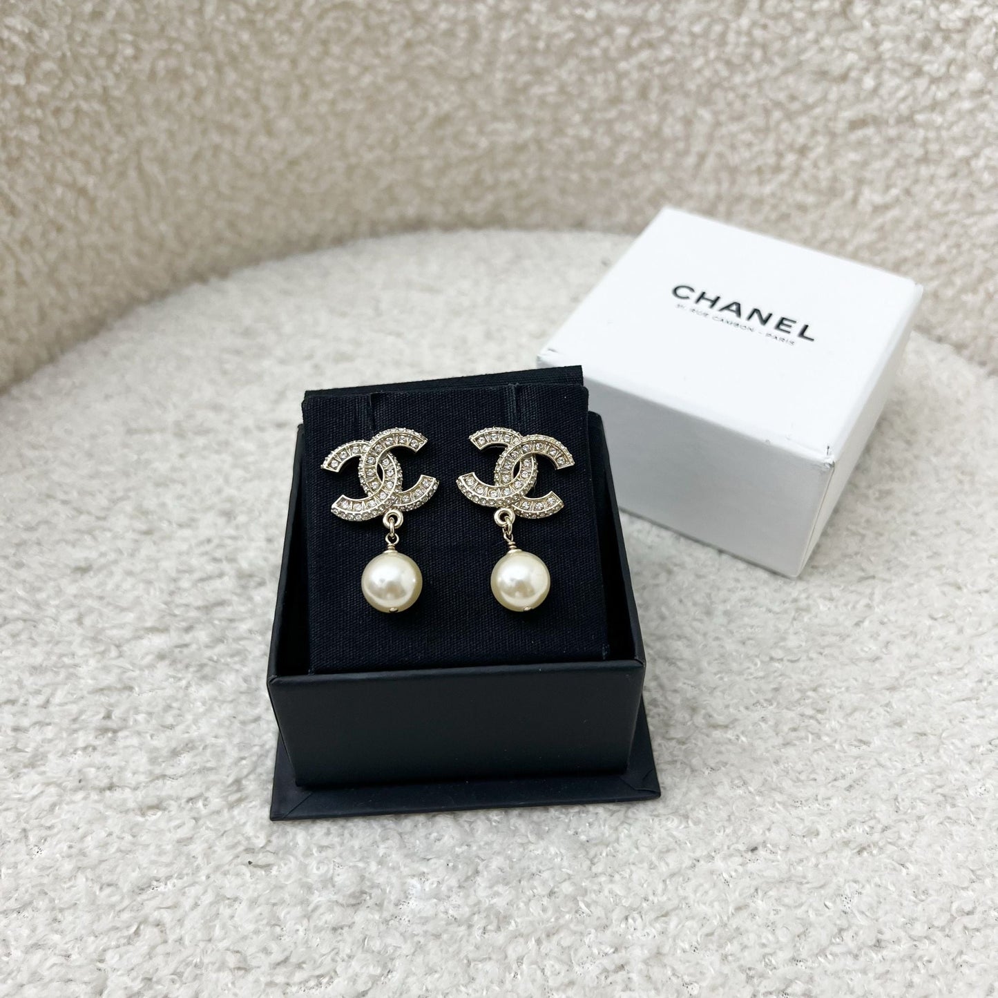 Chanel Classic CC Logo Dangling Earrings with Crystals and Pearls LGHW Jewelry