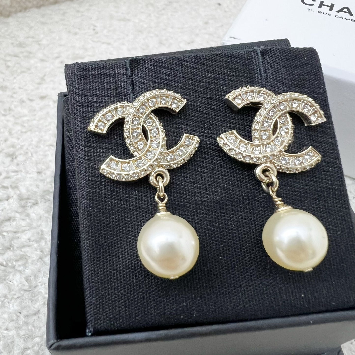 Chanel Classic CC Logo Dangling Earrings with Crystals and Pearls LGHW Jewelry