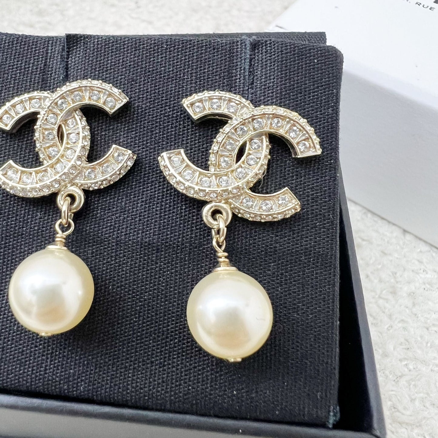 Chanel Classic CC Logo Dangling Earrings with Crystals and Pearls LGHW Jewelry