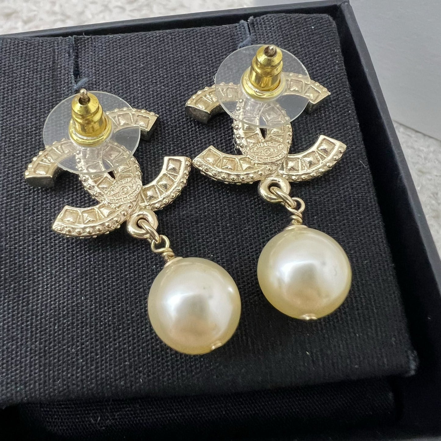 Chanel Classic CC Logo Dangling Earrings with Crystals and Pearls LGHW Jewelry