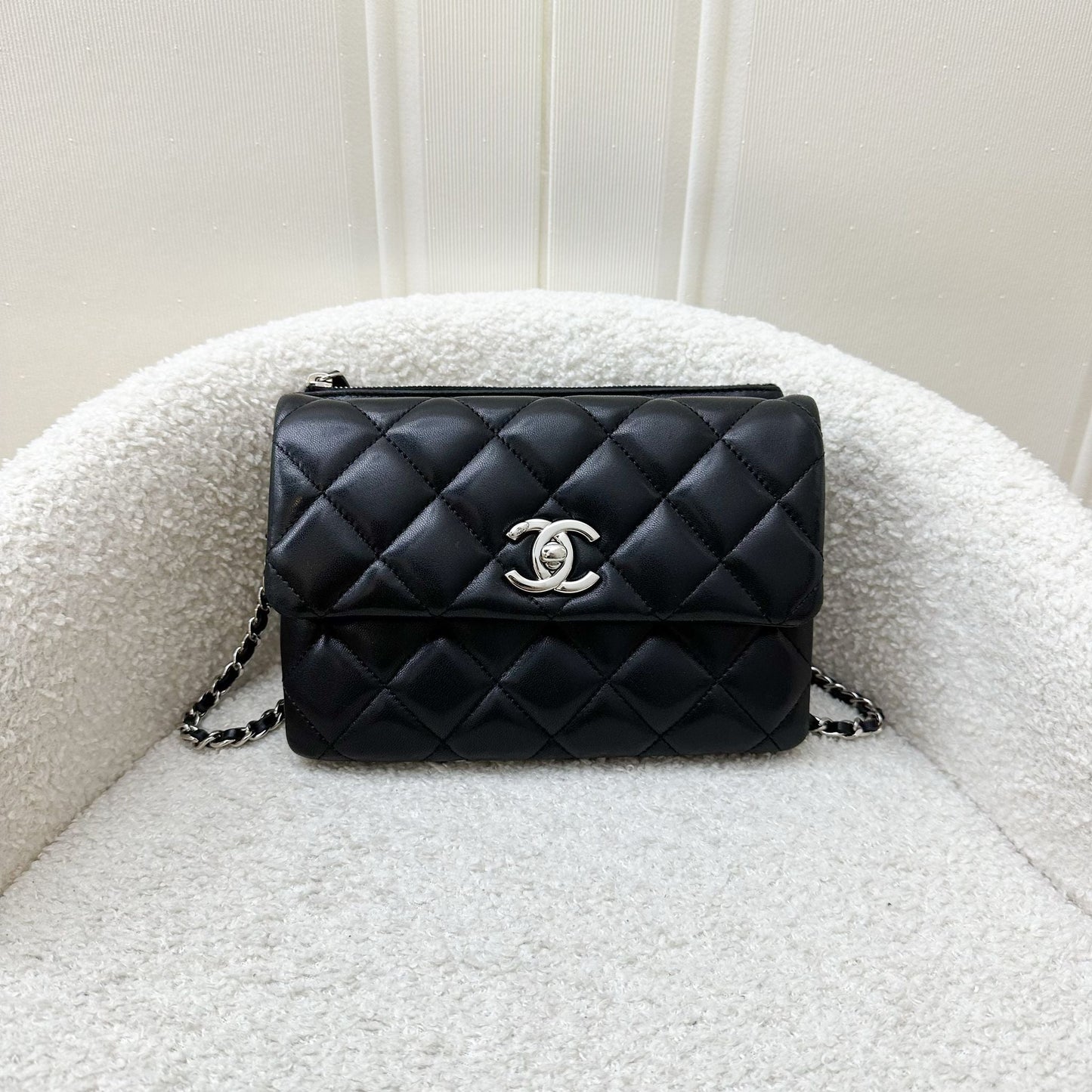 Chanel Mini Crossbody Flap Bag with Zip Compartment in Black Lambskin and SHW