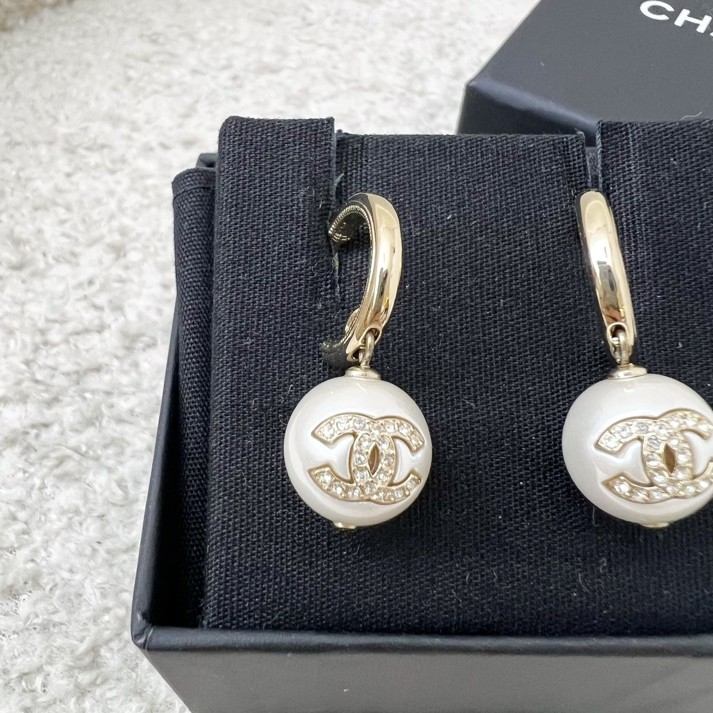 Chanel Pearl with Crystals Studded CC Logo Earrings in LGHW Jewelry