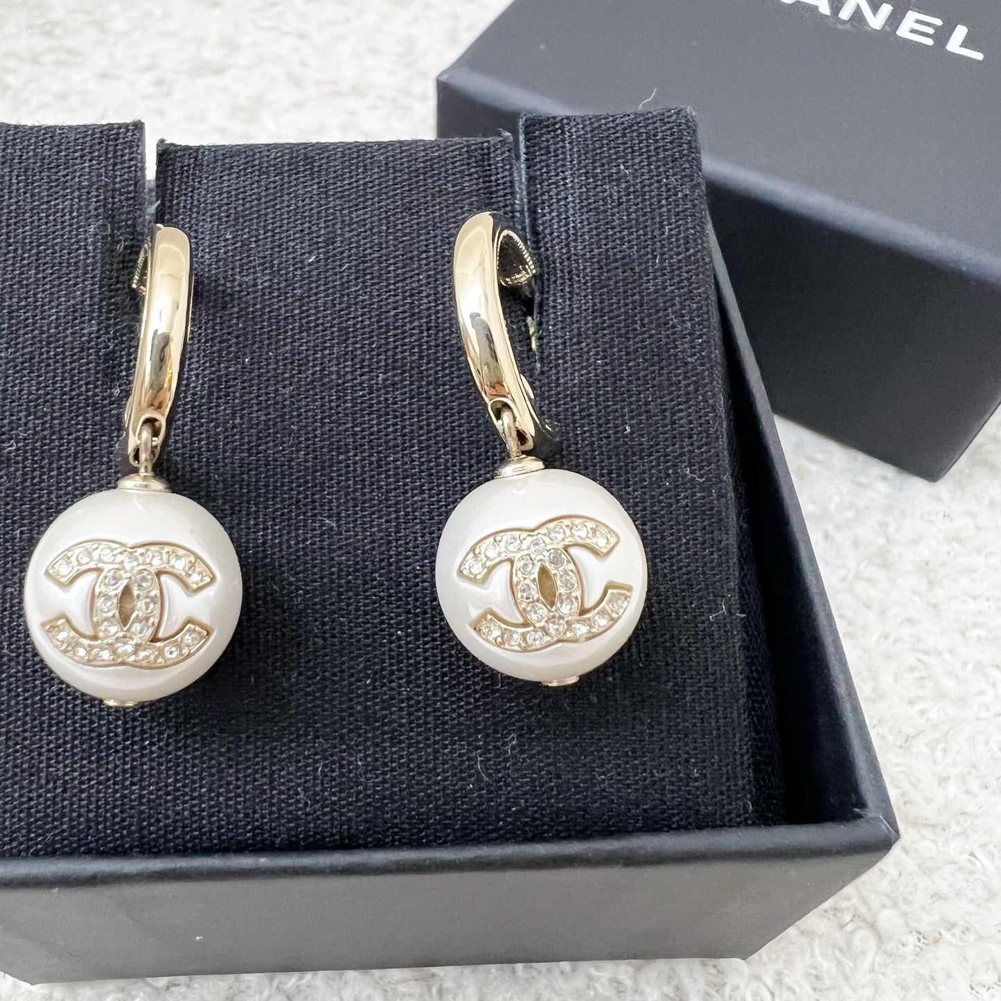 Chanel Pearl with Crystals Studded CC Logo Earrings in LGHW Jewelry